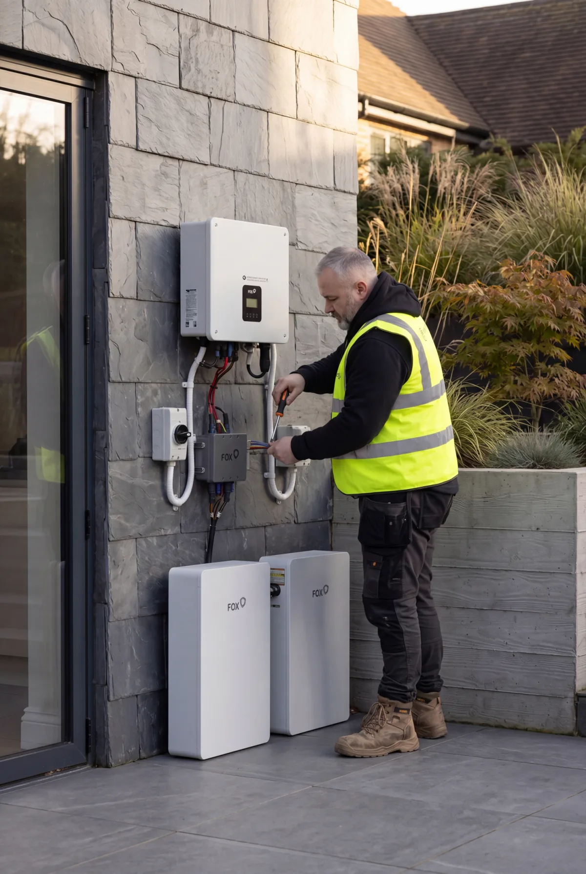 Installer reviewing a home battery and inverter system on a UK property